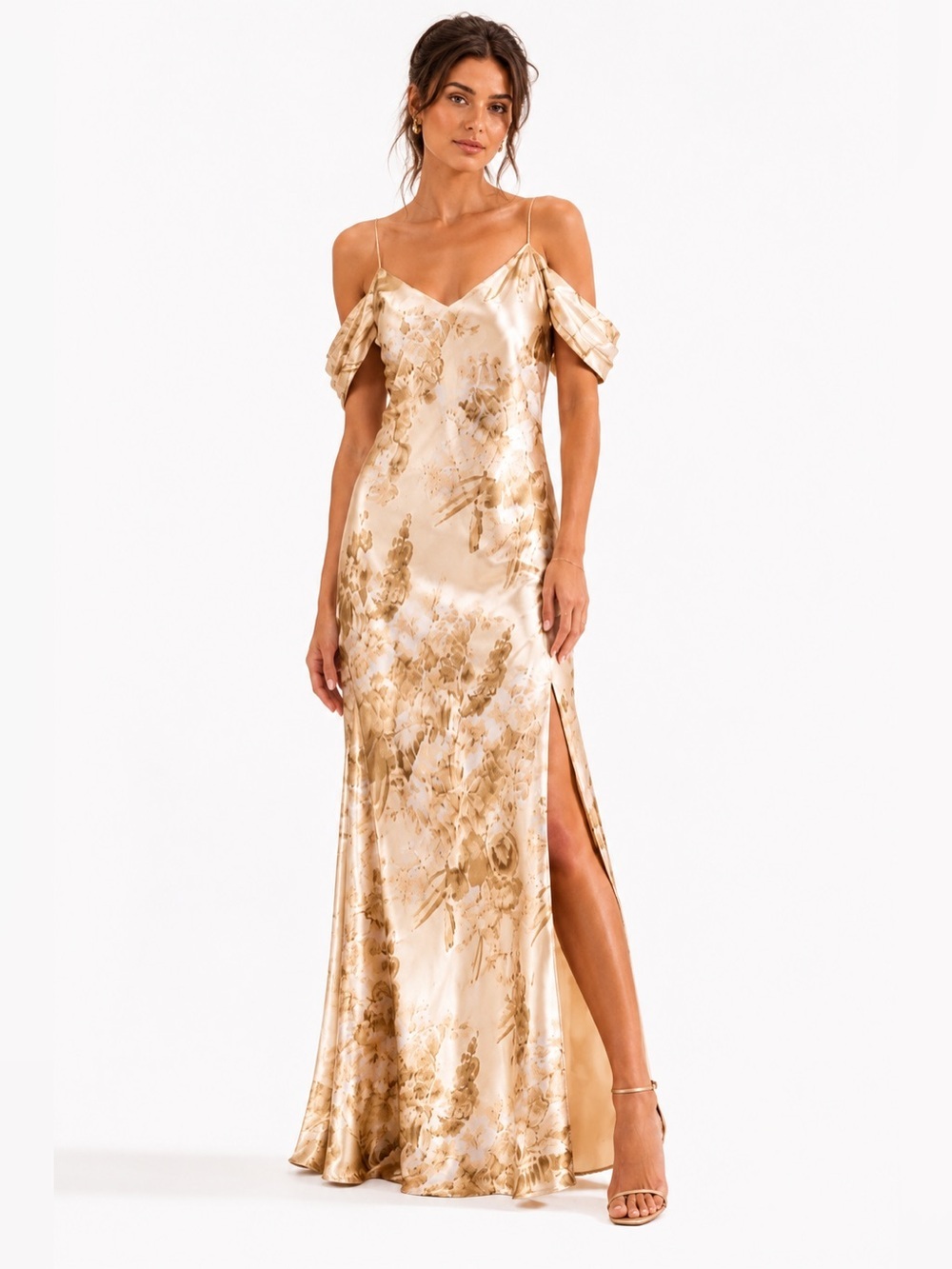 Gold Hawk Champagne Floral Silk Maxi Dress S NWOT